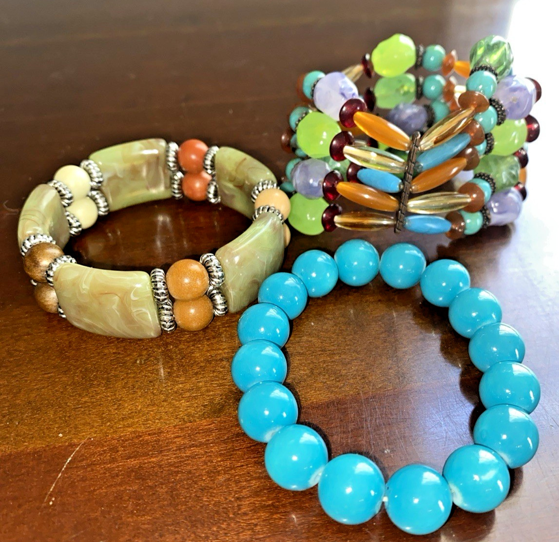 Vintage Beaded Blue Marble, Green Earthtones & Multi Colors Stretch Bracelets- 3