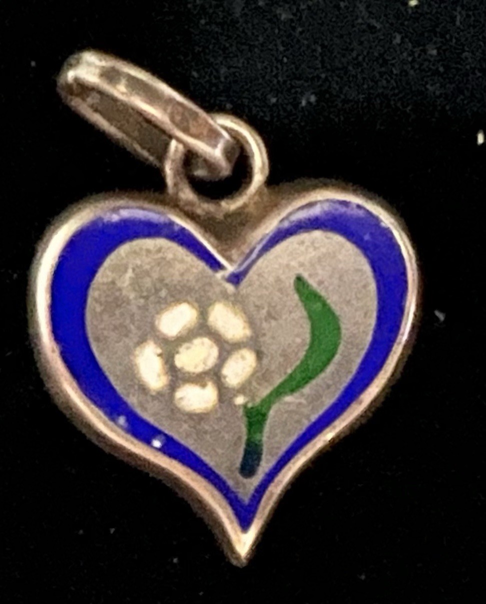 925 STERLING SILVER Enamel HEART & DAISY or ROSE FLOWER Charm PENDANT Vintage