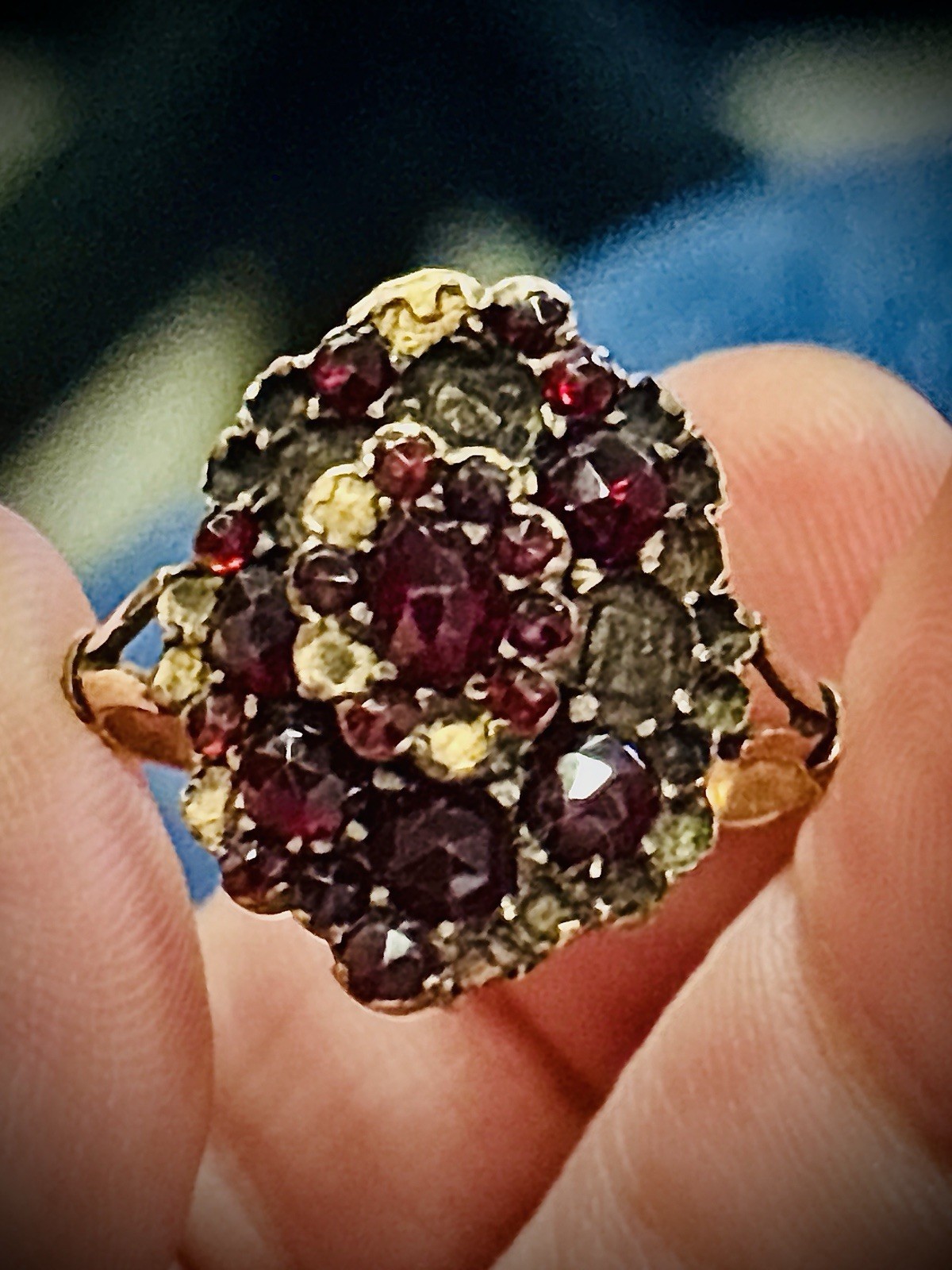 Antique Bohemian Garnet Cluster Ring Czechoslovakia Gold Genuine Garnets Estate