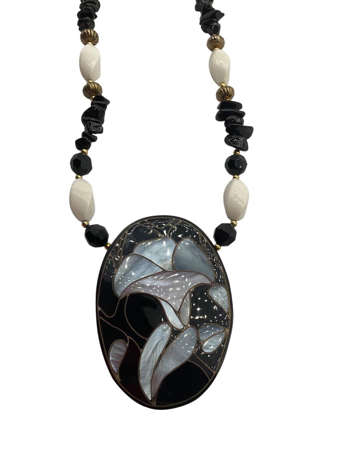 Vintage 70’s Lee Sands Artisan Calla Lily Flower Mother Of Pearl Inlay Necklace