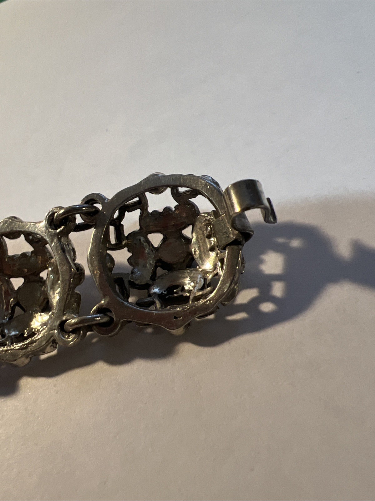 Vtg Antique Art Nouveau Panel Link Bracelet Silvertone Cast 7” Hook Clasp