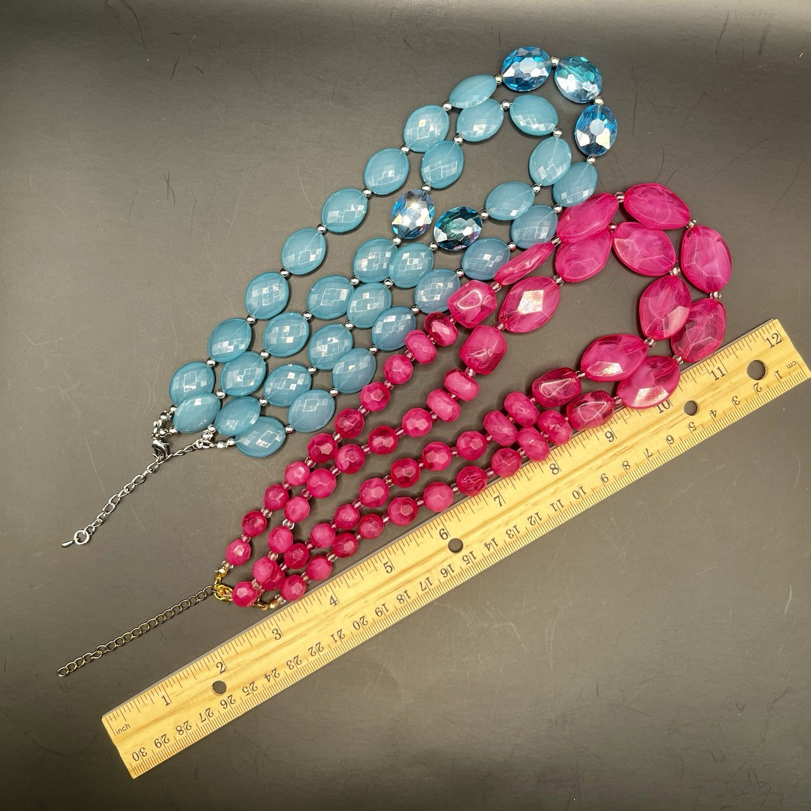 Set Of 2 Necklaces: Sky Blue & Hot Pink Beaded Faceted Chunky Statement Pieces