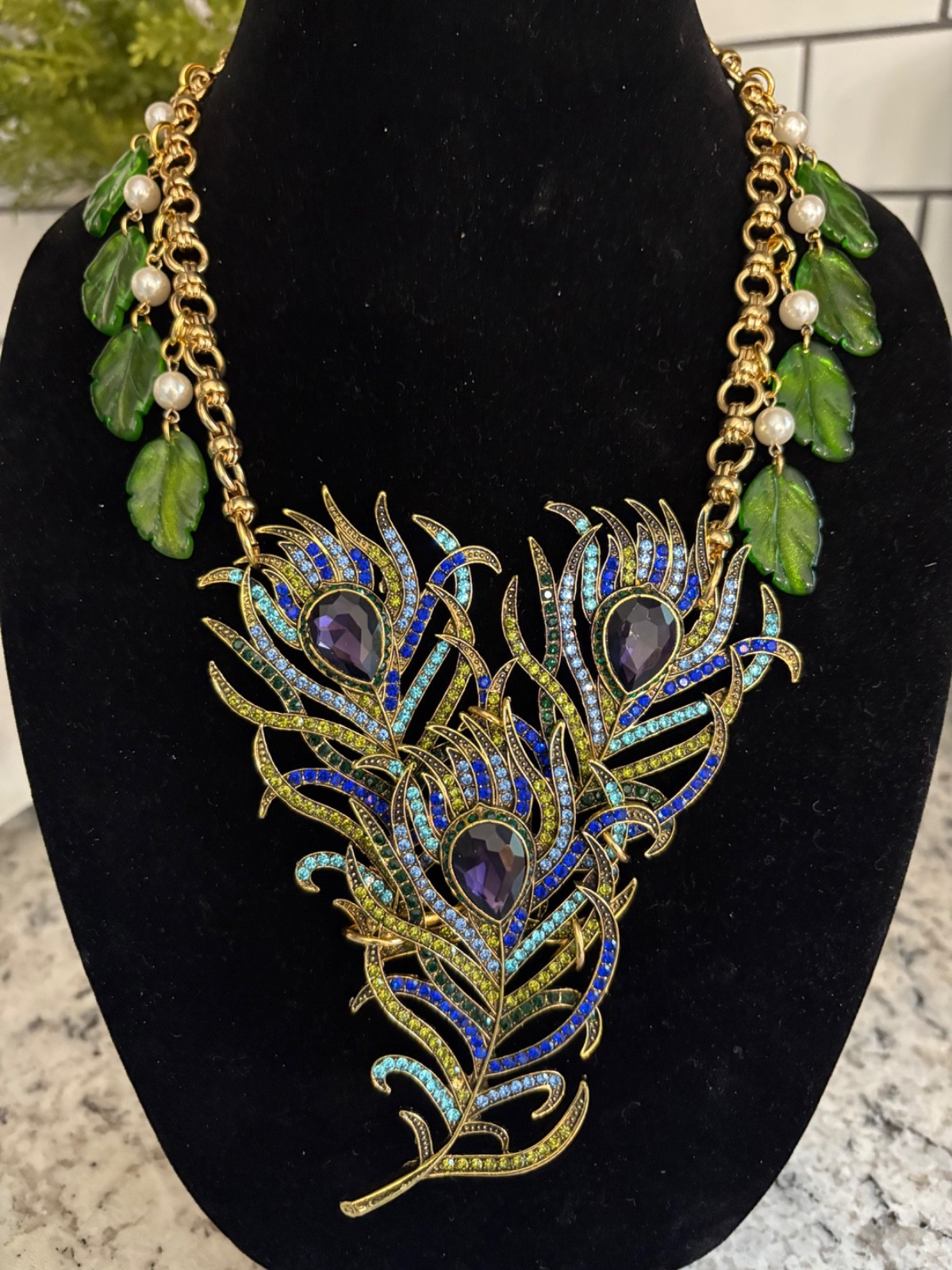 Triple Rhinestone Peacock Feather Statement Necklace-Repurposed & 1 of a Kind!