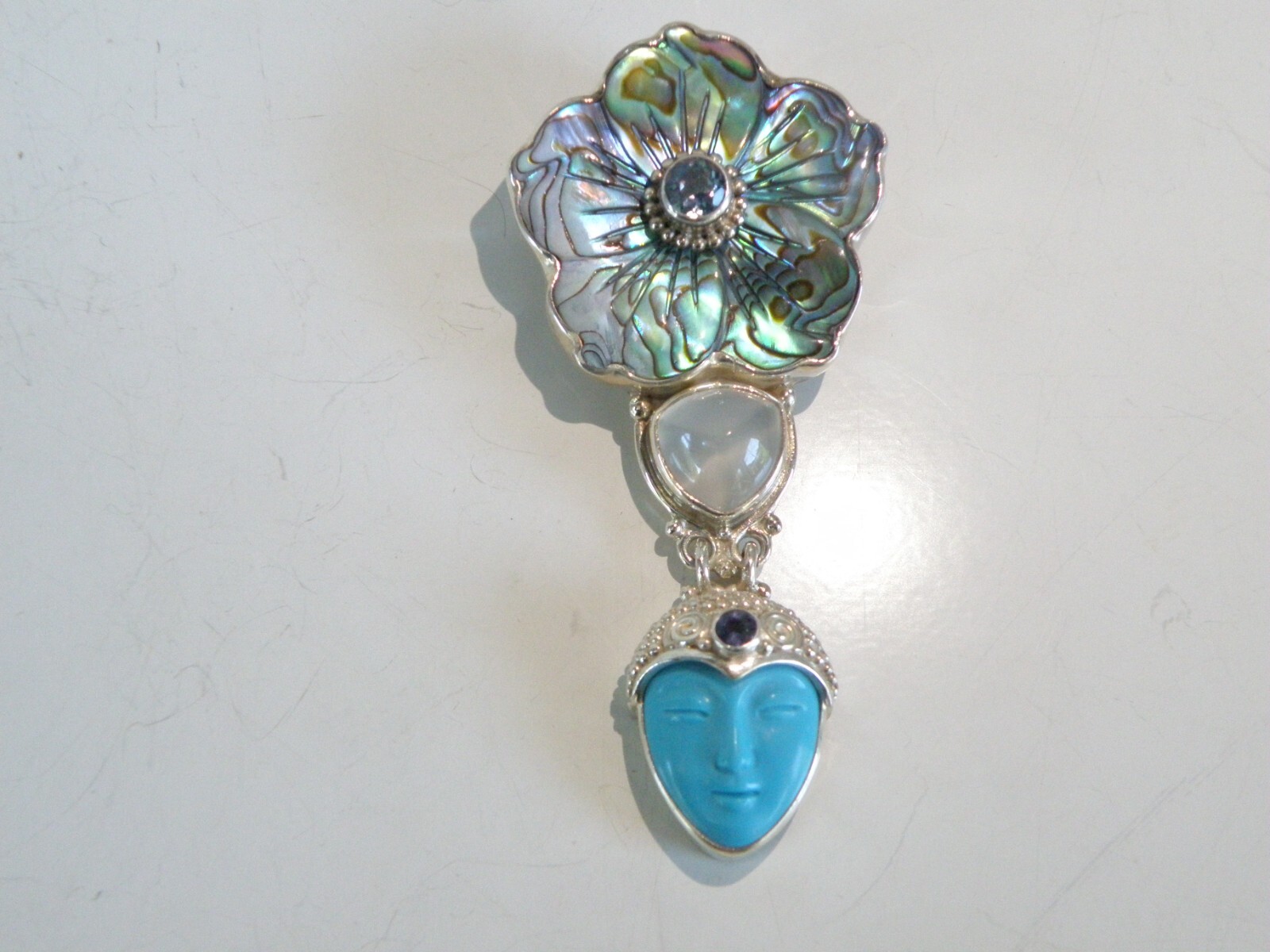 Sajen Sterling Silver 925 Large Carved Turquoise Goddess Brooch Pin Pendant