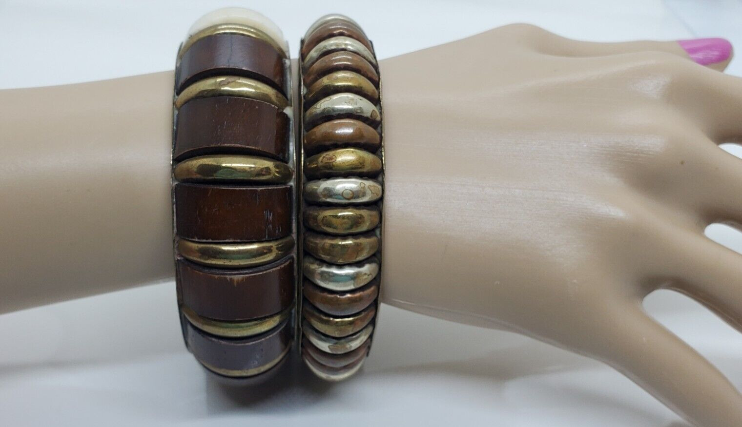 Vintage Wood Metal Bangle Bracelet White Brown Gold Lot of Two