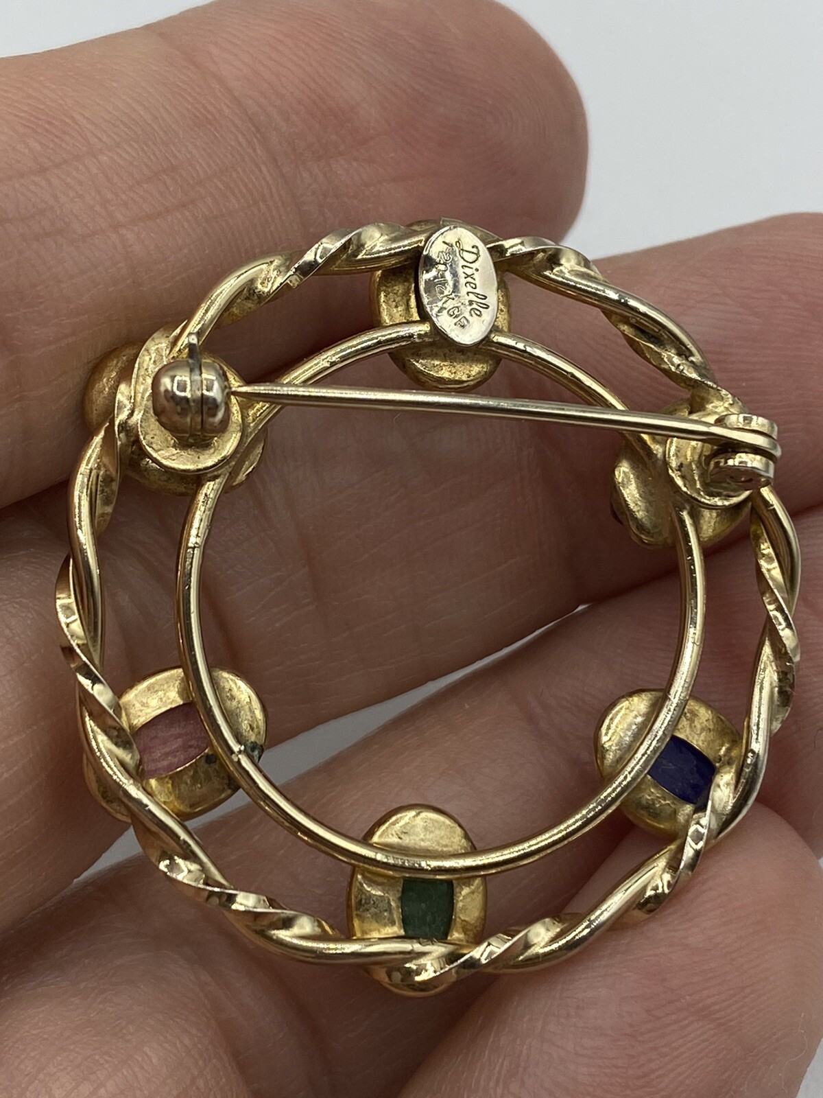 DIXELLE Brooch Signed SCARAB GEMSTONE ROUND PIN 1/20 12K GOLD FILLED 1 1/4″