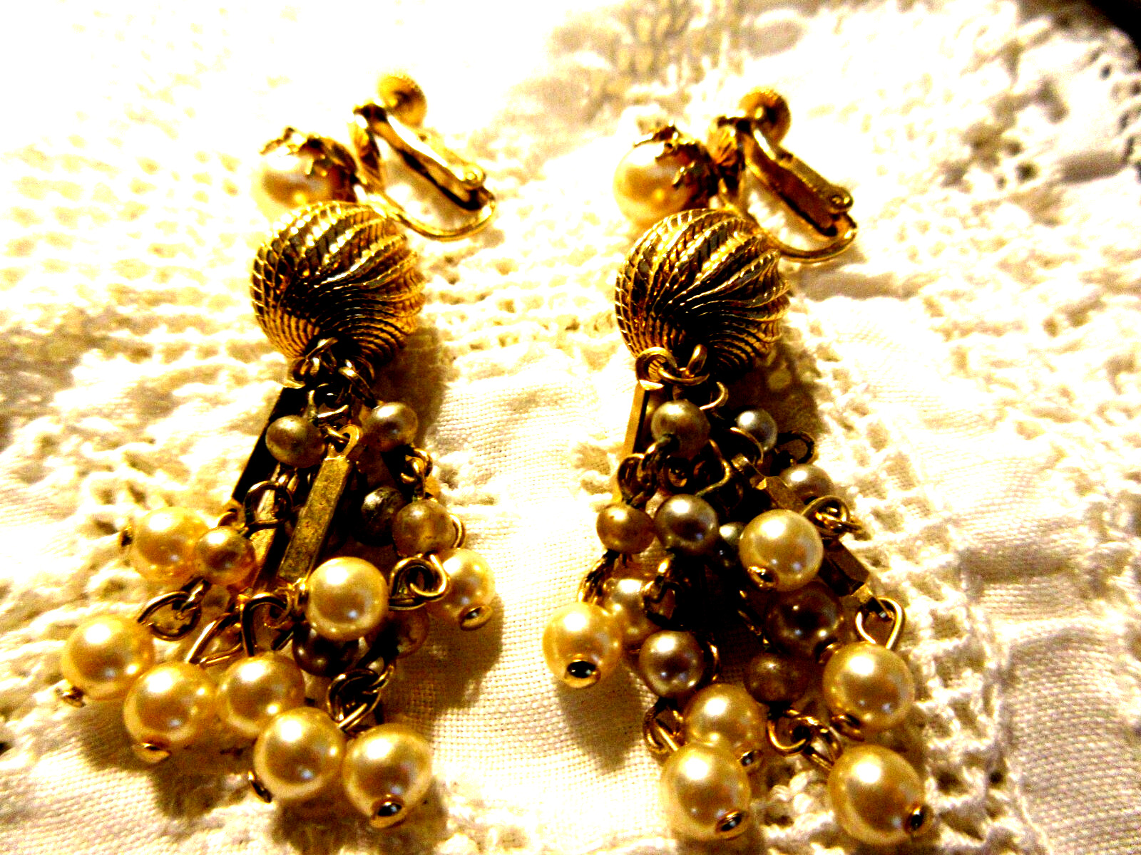 Vintage Vendome Beaded Cluster Dangle Clip On Earrings Gold Tone