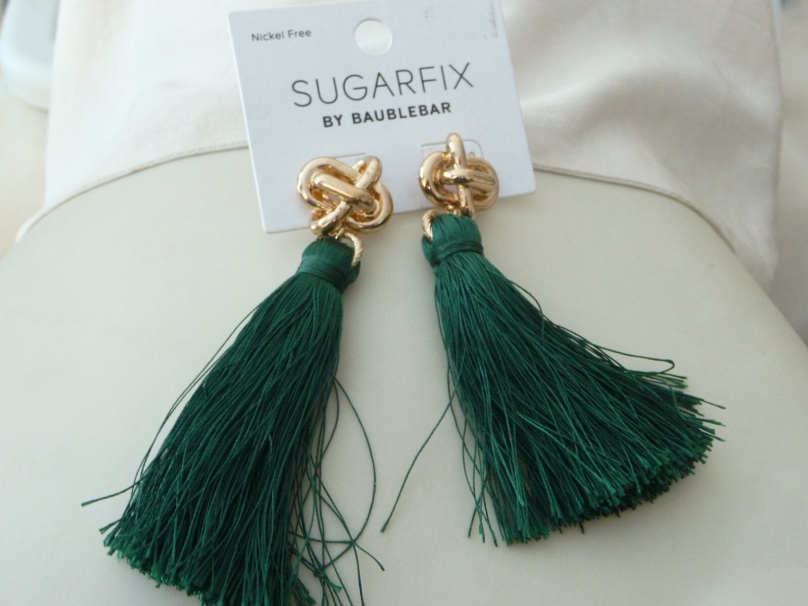 SUGARFIX on CARD GOLD TONE W GREEN THREAD FRINGE AS IS PIERCED EARRINGS #19/2A