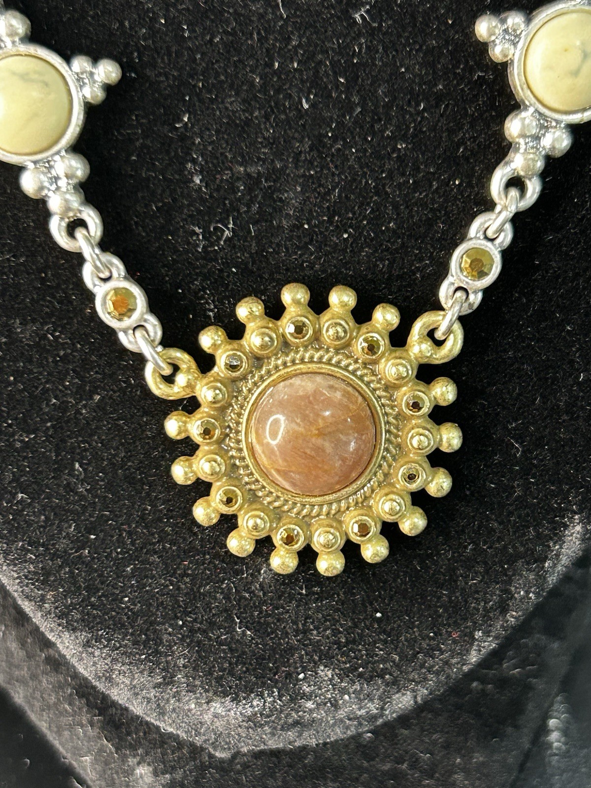 Vintage Necklace Round Mix Metal Stones 18” Double Claw Clasps
