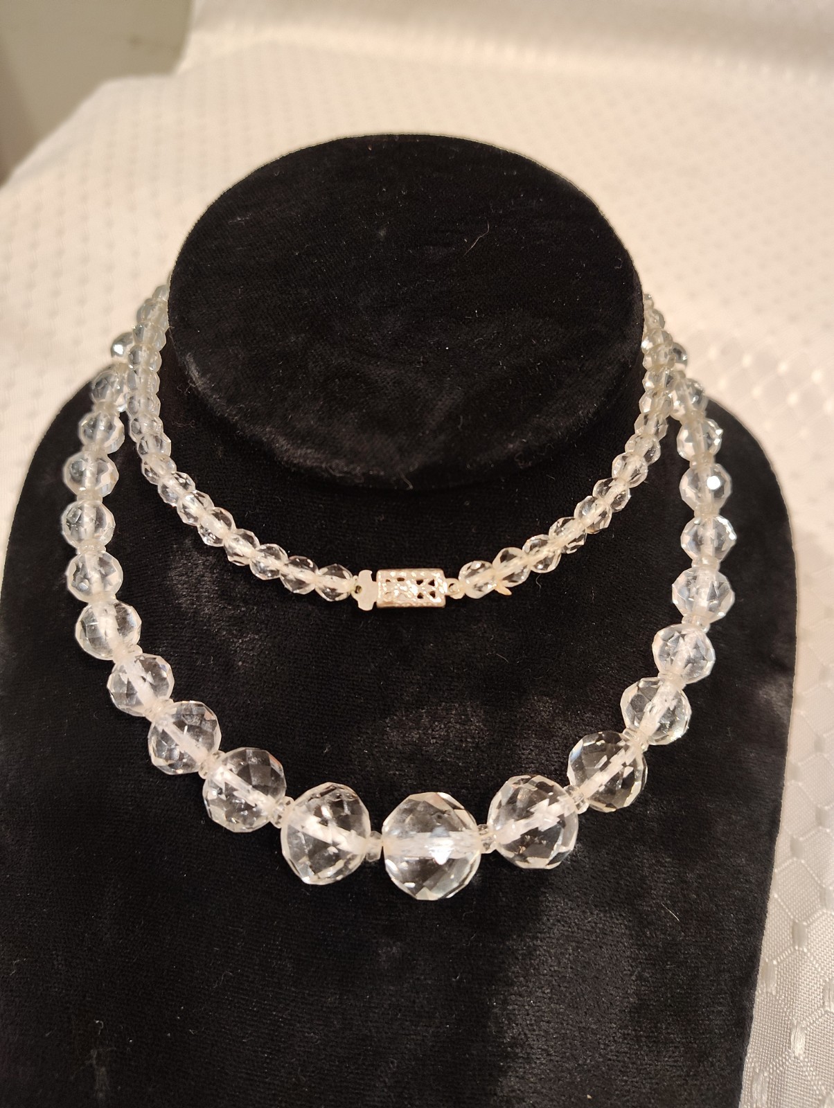 Vintage Faceted Clear Crystal Beads Silver Tone Clasp Necklace 25″ Long