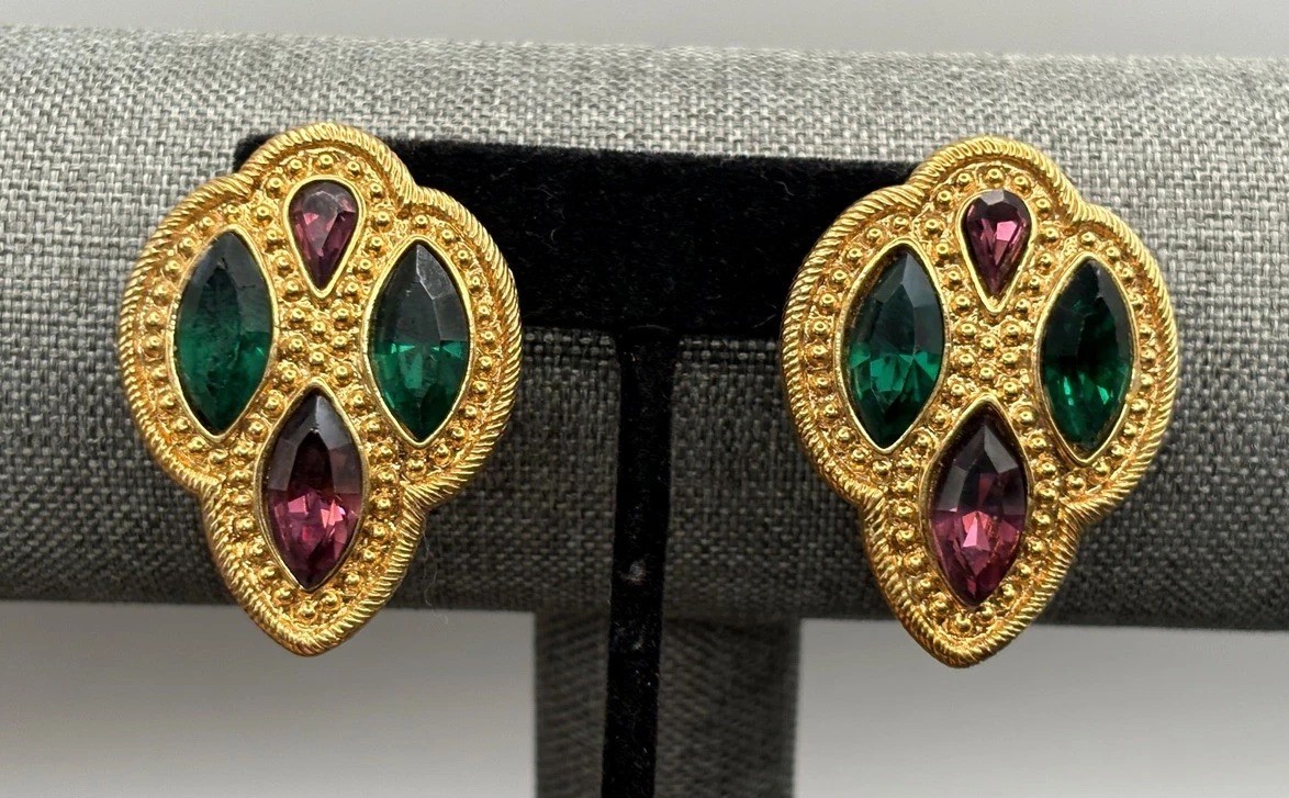 VTG 80s Napier Byzantium Swarovski Crystal Pierced Earrings Bold Runway