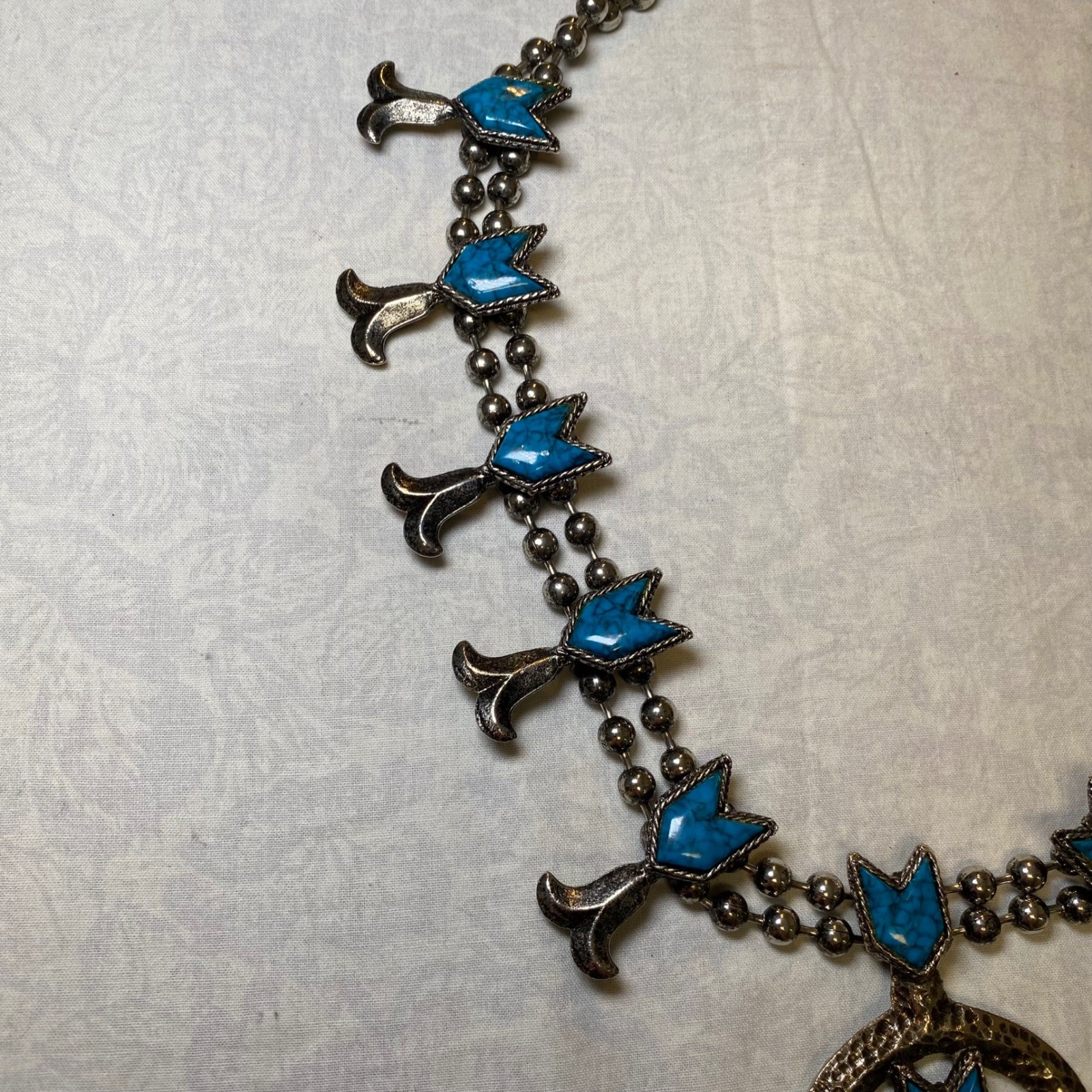 Vintage Southwestern Squash Blossom Style Necklace Turquoise Look Silver Tone
