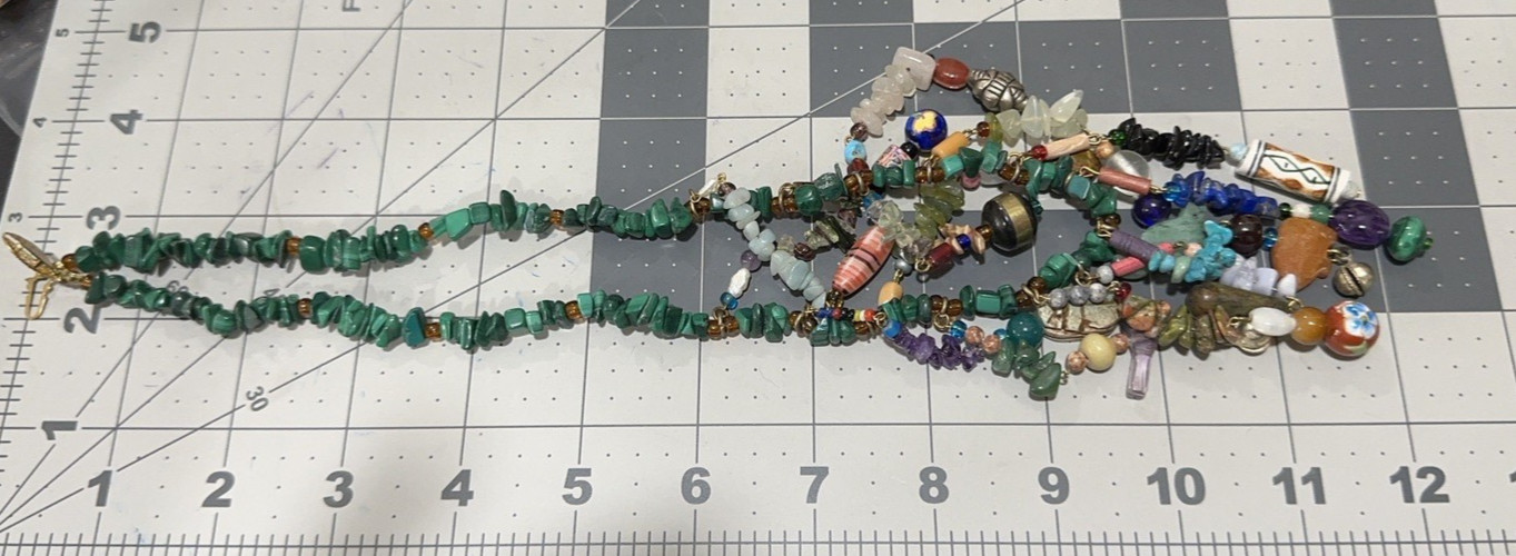Vintage Multi Gemstone Charm Necklace Green Bead Strand Dangle Drop Boho Ethnic