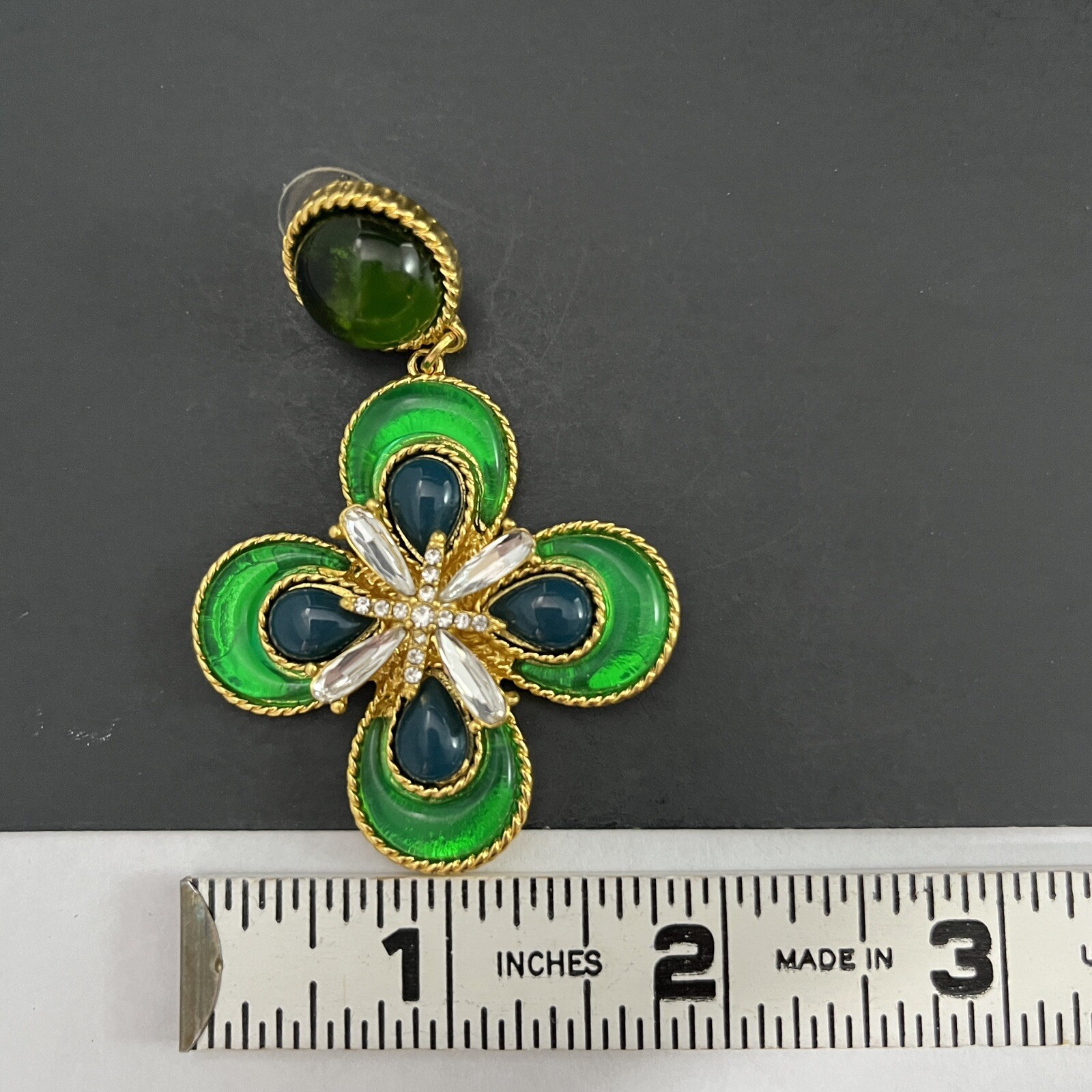 Gripoix Style Maltese Cross Earrings Green Glass Cabochon Gold Pierced Dangle