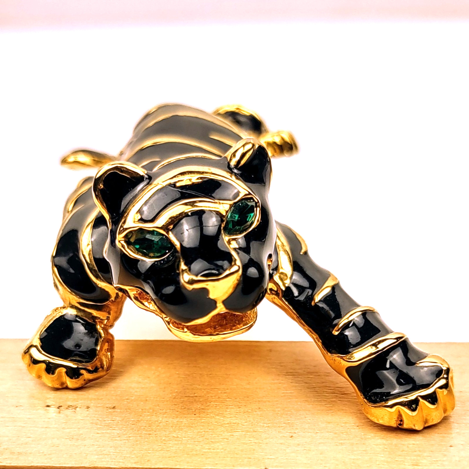Tiger Brooch Black Enamel Gold Colored Metal Stripes Green Rhinestone Eyes 4.5″