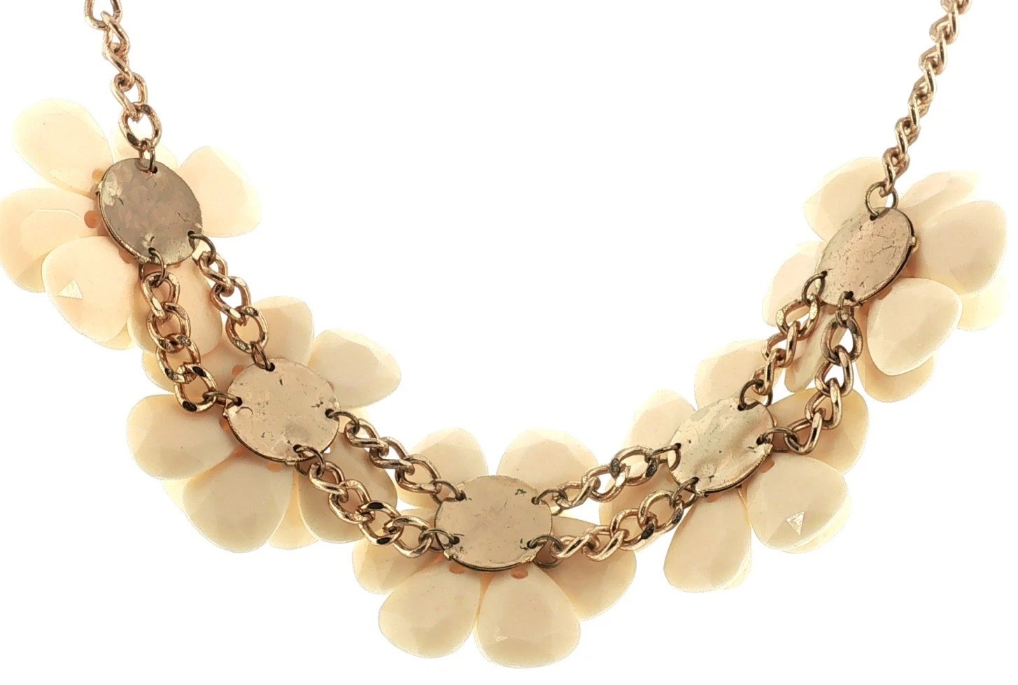 Vintage Gold‑Tone Floral Statement Necklace – Cream Petal Flowers, Bold Retro