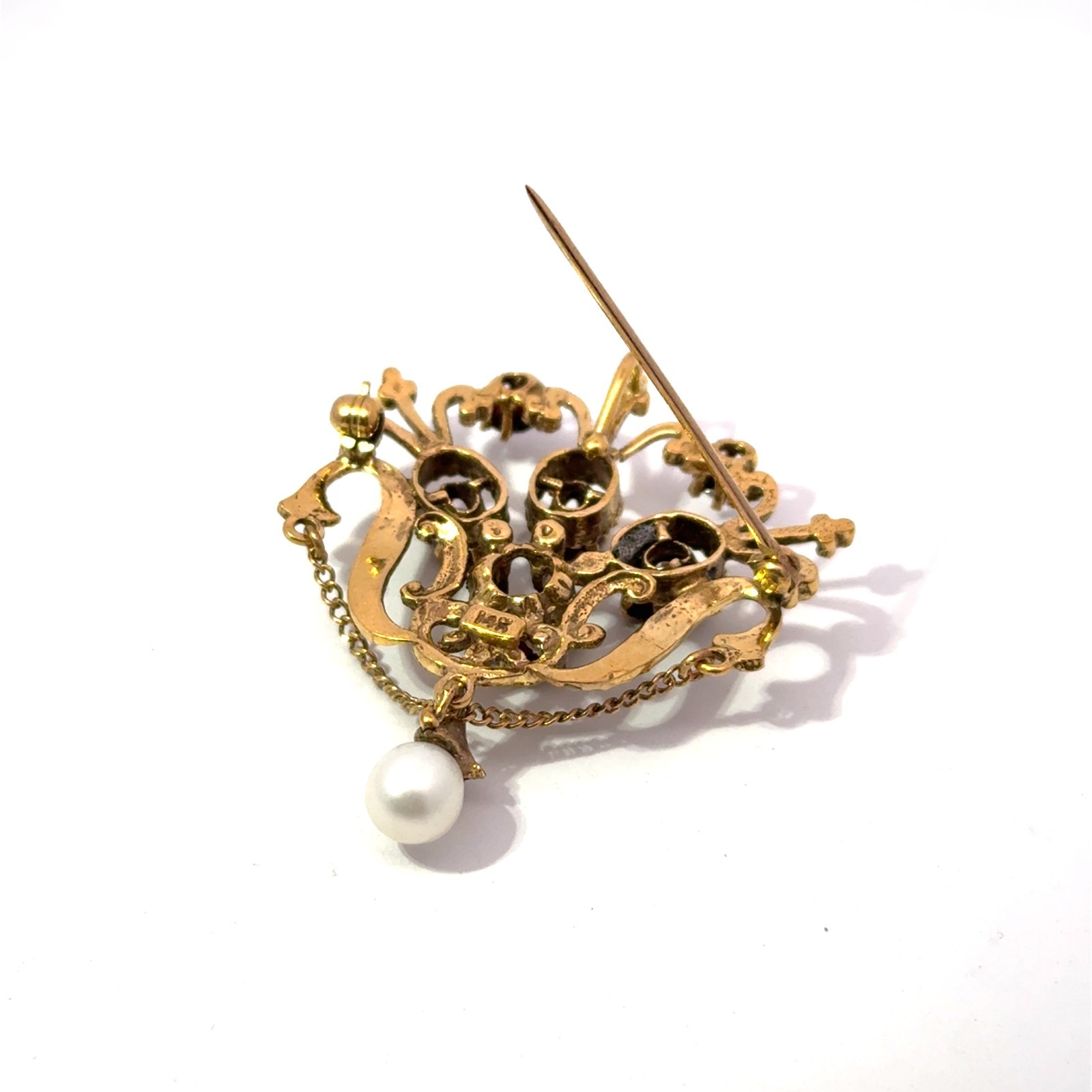 Antique 14k Stamped Yellow Gold Garnet & Pearl Brooch Pin