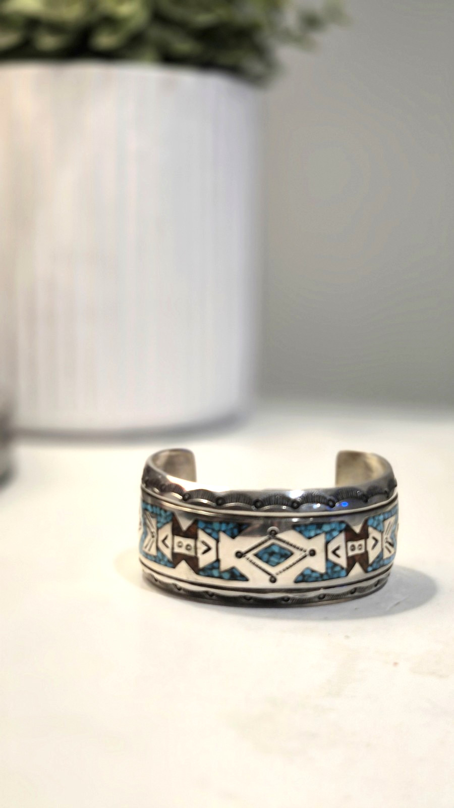 Frances Begay Navajo Sterling Silver Turquoise Inlay Cuff Bracelet 44g