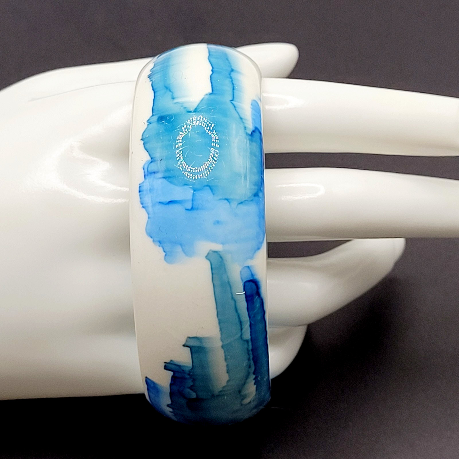 Marbled Watercolor Ink Blot Design Blue White Acrylic Chunky Bangle Bracelet
