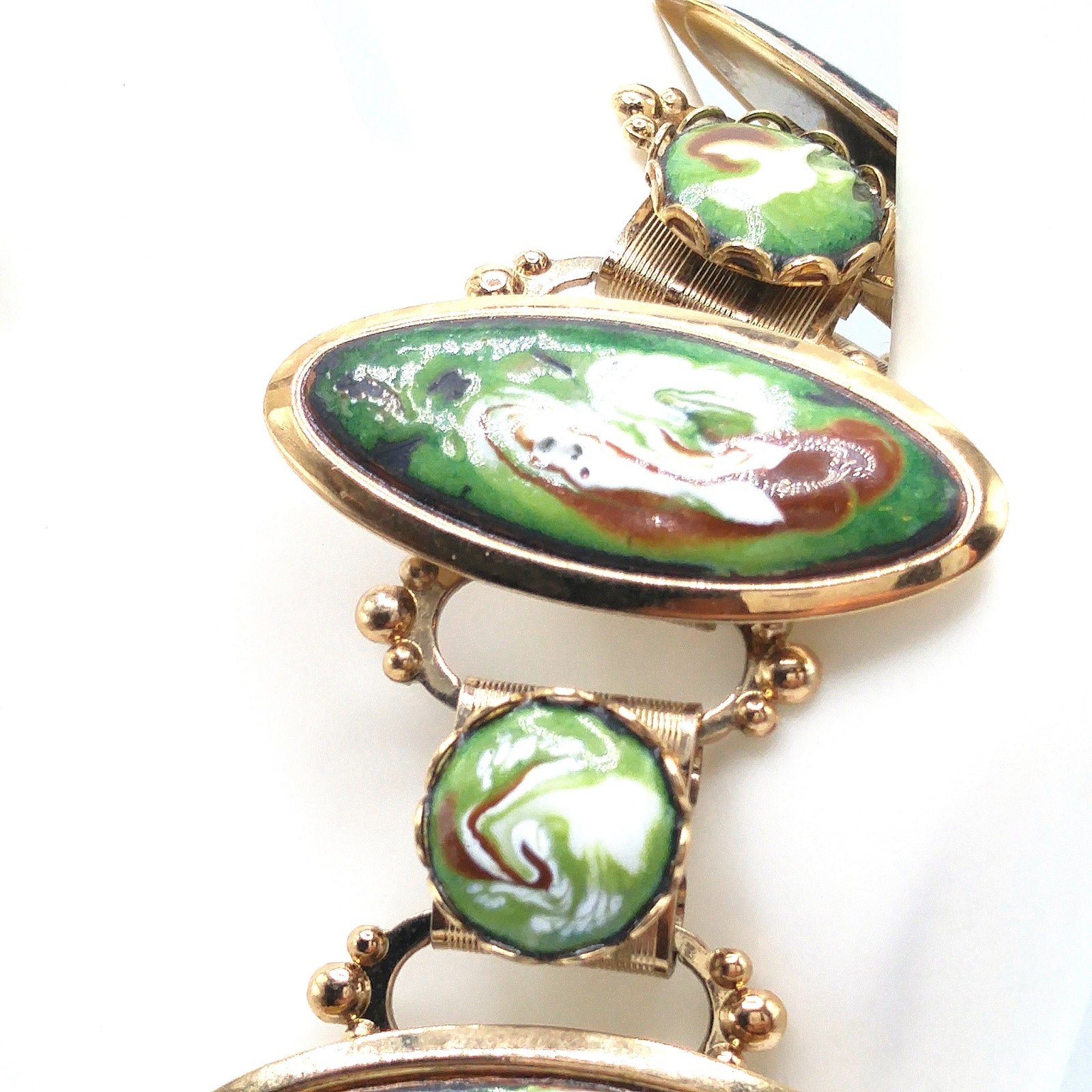 Mid-Century Enamel Book Chain Bracelet, Green Brown White Gold, 1950s Vintage