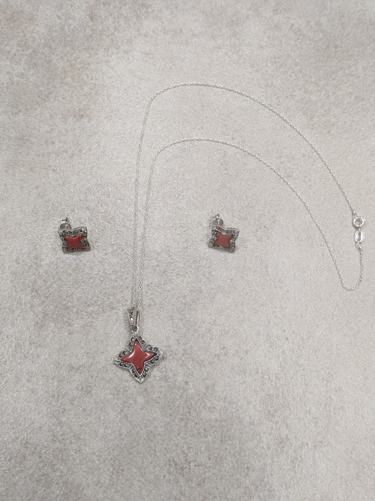 Vintage Sterling Silver 925 Red Coral Marcasite Necklace/Earrings Set 🔥🔥🔥