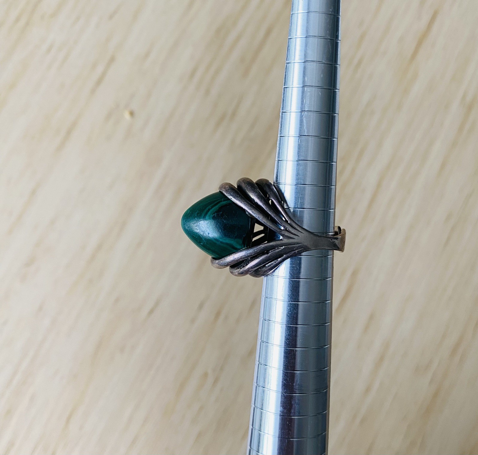 Malachite Sterling Silver MCM Scandinavian Denmark Norway Vintage Adjustable