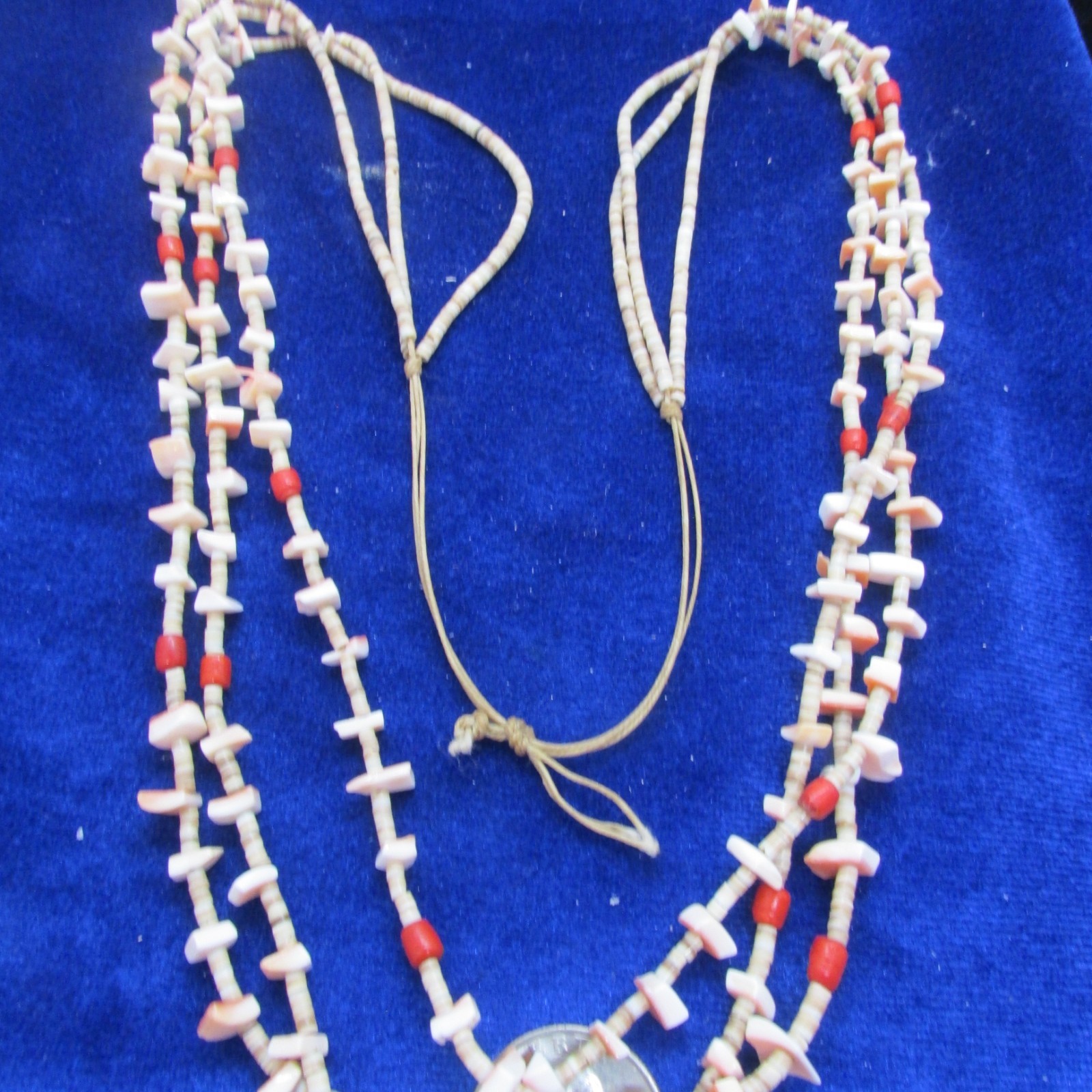 VTG SW 3 STRAND LIGHT SHELL HEISHI & PINK SHELL AND RED BEADS, NO METAL