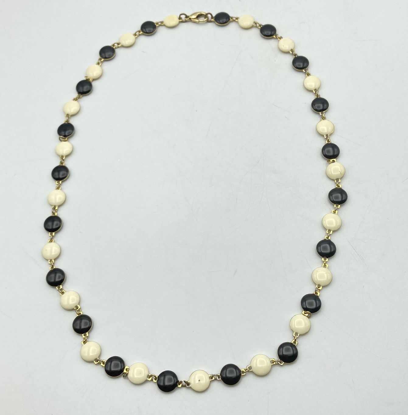 Vintage Gold Tone Black Ivory Enamel Round Disc Layering Strand Necklace 24″