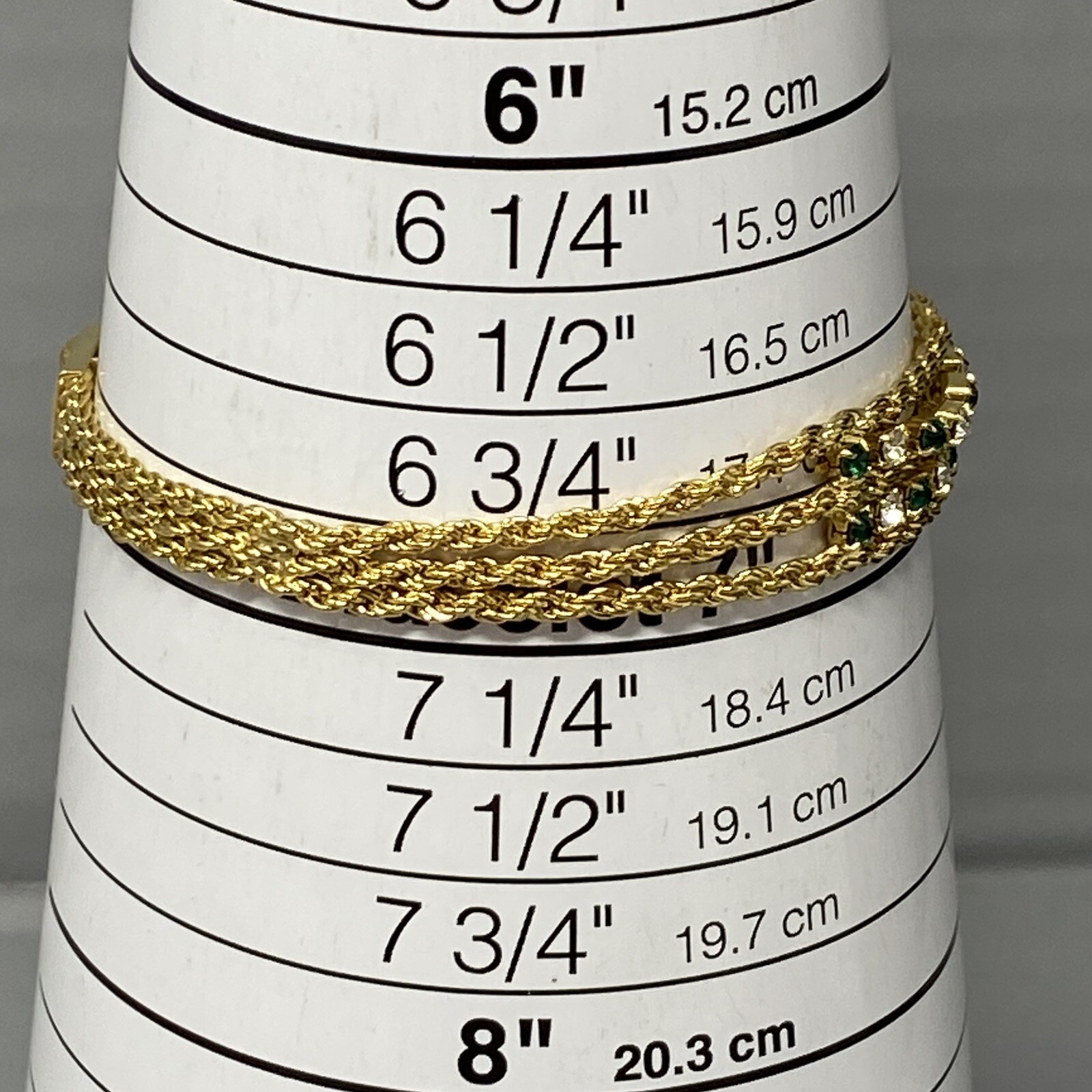 Rope Chain Tennis Bracelet Pair Gold Tone White Green Red Rhinestones 7-7.5″