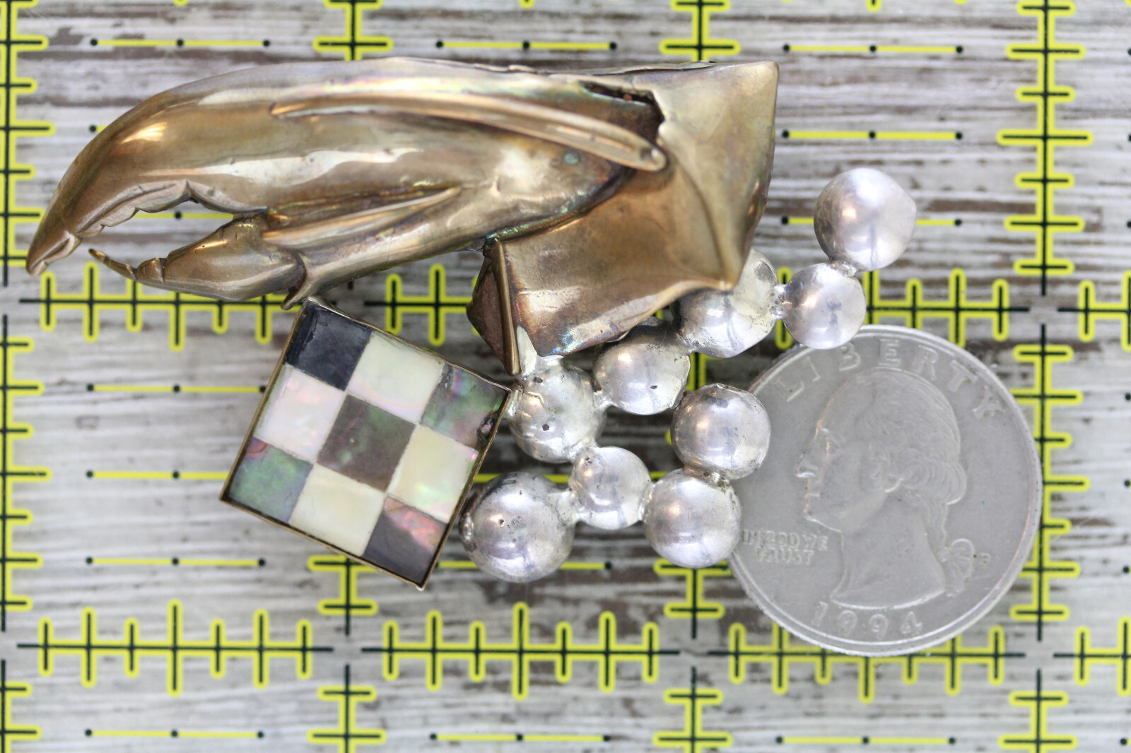 VINTAGE VB DESIGNER SIGNED STERLING SILVER BROOCH BRASS MOP MIXED METAL ARTSIAN