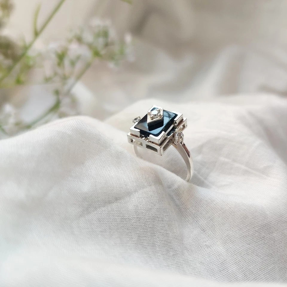 Art Deco Style Lab-Created Diamond & Black Onyx 14K Wedding White Gold FN Ring