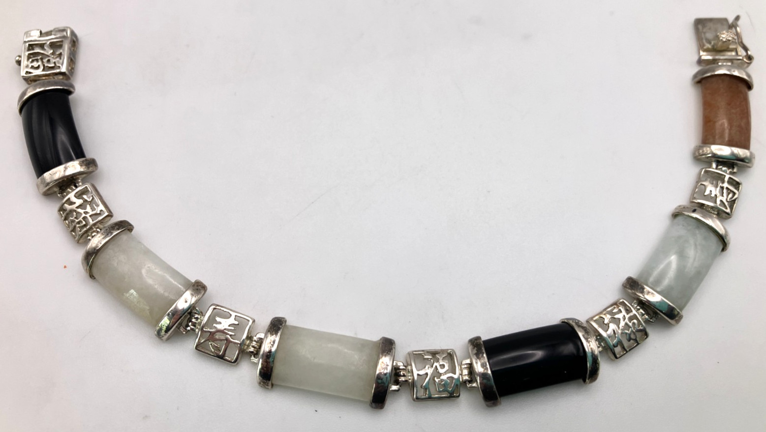 DBJ Dee Berkley Sterling Silver Chinese Character 7.5 Inch Jade Link Bracelet