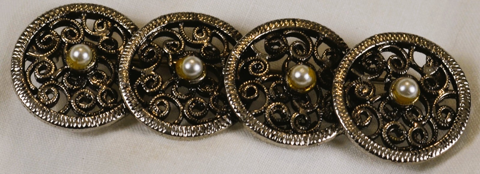 Brooch Pin Tacoa Signed Silver Tone with Four Faux Pearls Estate Statement