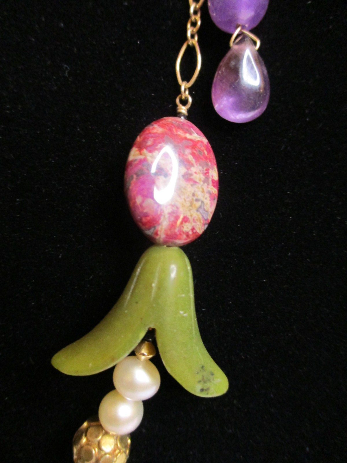 Antique-Like 14K GF Flowerette Necklace w/Jade, Amethyst, Pearl 30.75″L Handmade