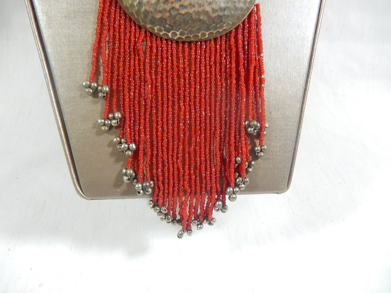 VTG MASSIVE TRIBAL CORAL GLASS BEAD SILVER TONE FRINGE NECKLACE BIB STATEMENT