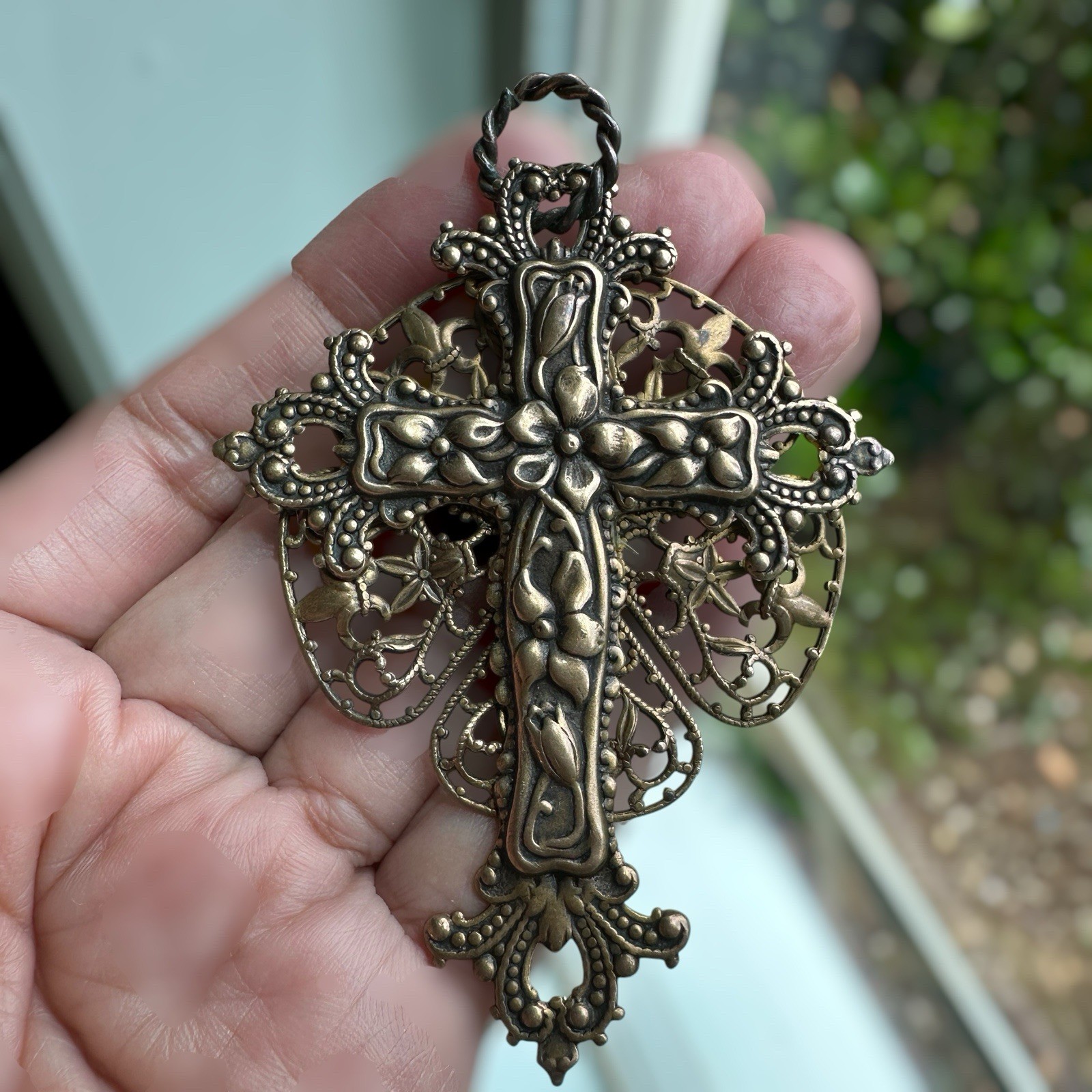 Vintage Christian Cross Pendant 3 Inch Ornate Brass Victorian Style Filigree