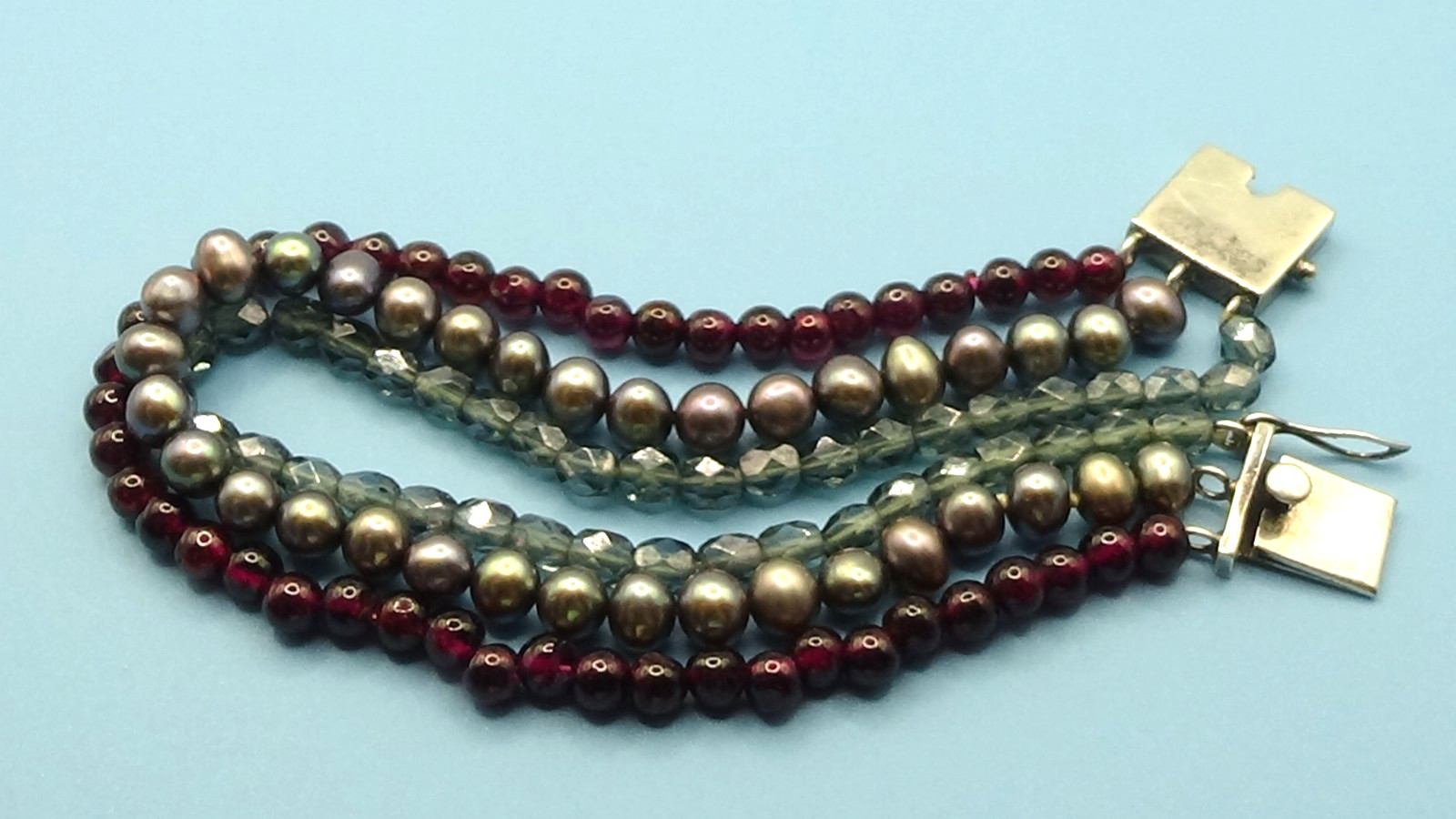 925 Sterling Silver Triple Strand Bracelet, Amethyst, Crystal & Peacock Pearl