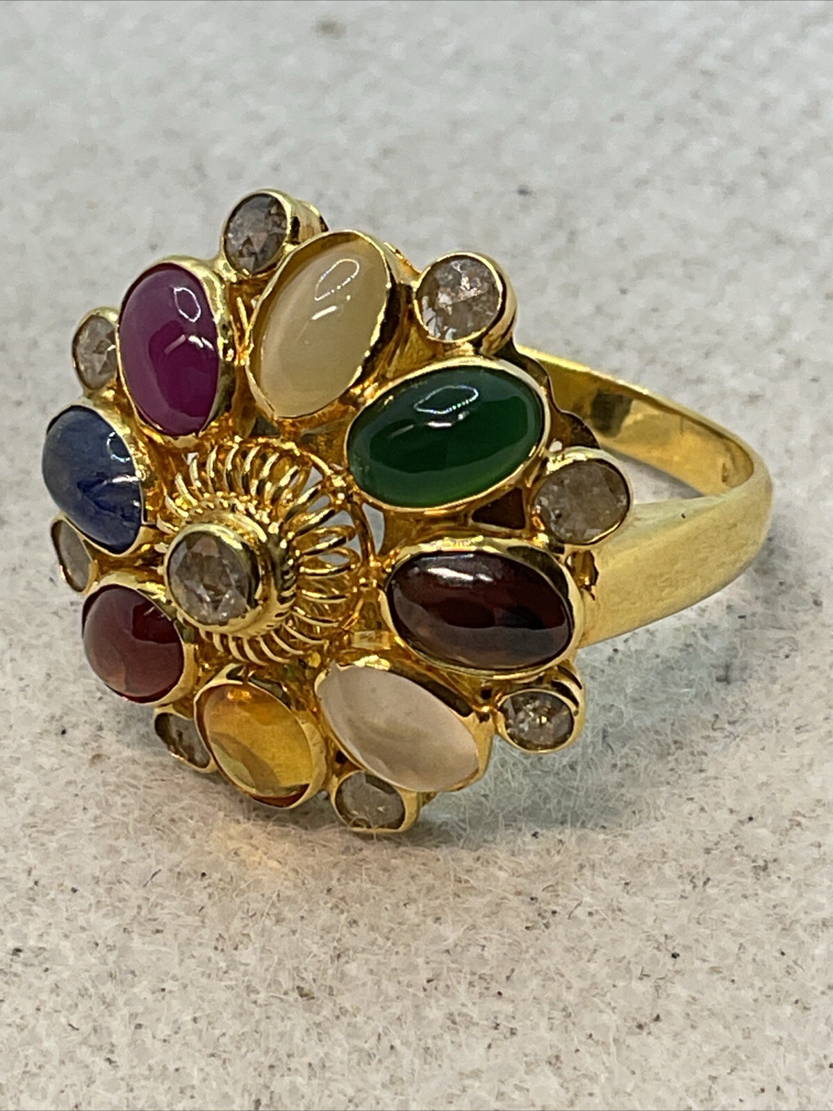 VINTAGE HANDMADE Solid 18K (750) Multicolor Gemstones & Rose Cut Diamonds Ring