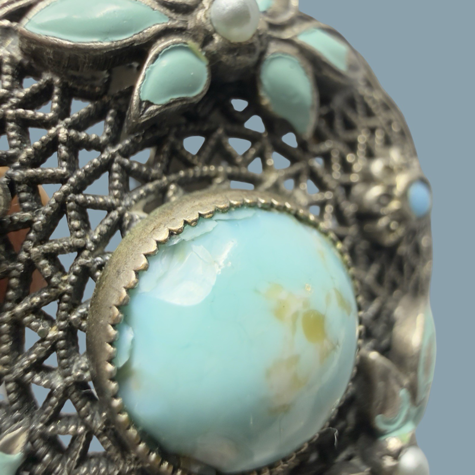 Antique Czech Glass Filigree Enamel Turquoise Blue Fur Dress Clip Brooch NEIGER?