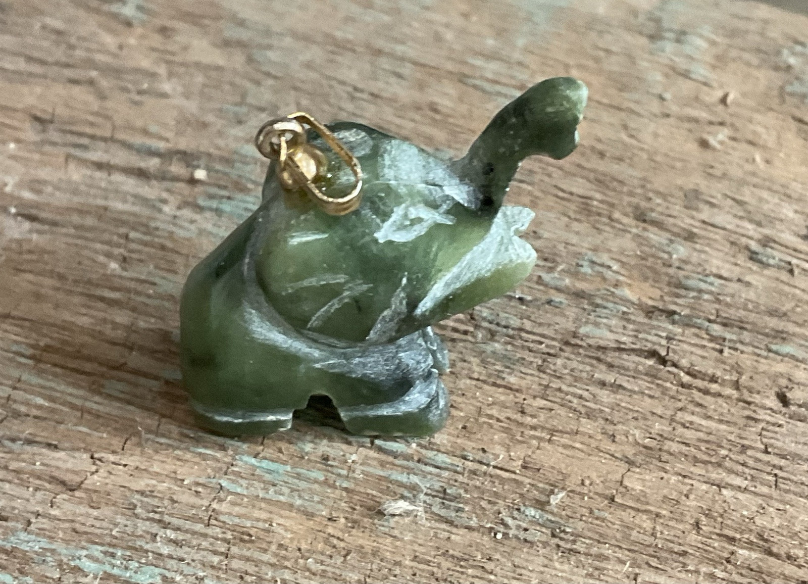 Vintage Hand Carved Genuine Nephrite Jade Elephant Pendant Charm 14k Gold Bail