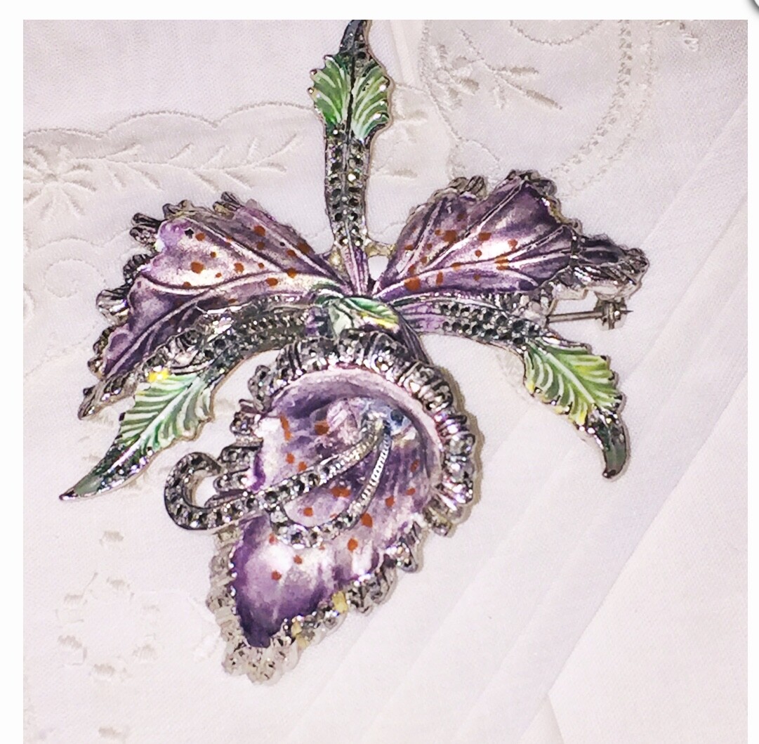 Orchid Brooch Silver Enamel Marcasite Rhodium Lilac Flower Vtg Antique Art Deco