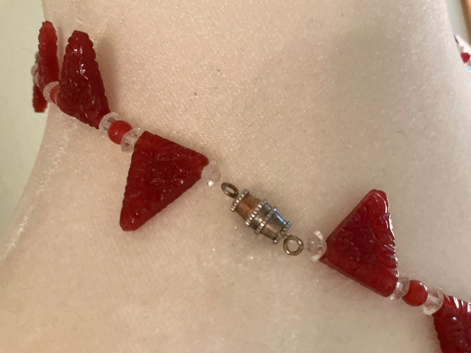 Art Deco Red Carved Triangles Crystal Accent Necklace 18″