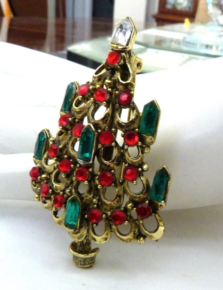 VINTAGE HOLLYCRAFT MCM CANDLES RED GREEN RHINESTONE ORNAMENTS CHRISTMAS TREE PIN
