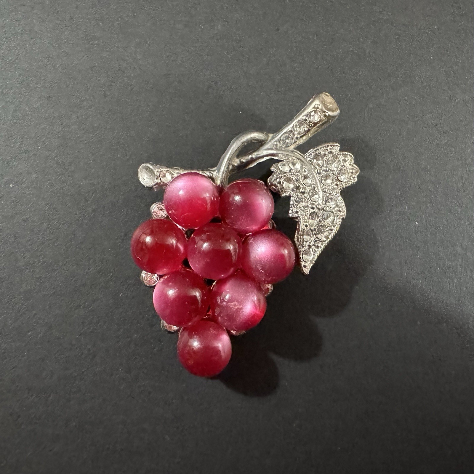 Vintage Coro Style Moonstone Lucite Grape Cluster Rhinestone Leaf Brooch