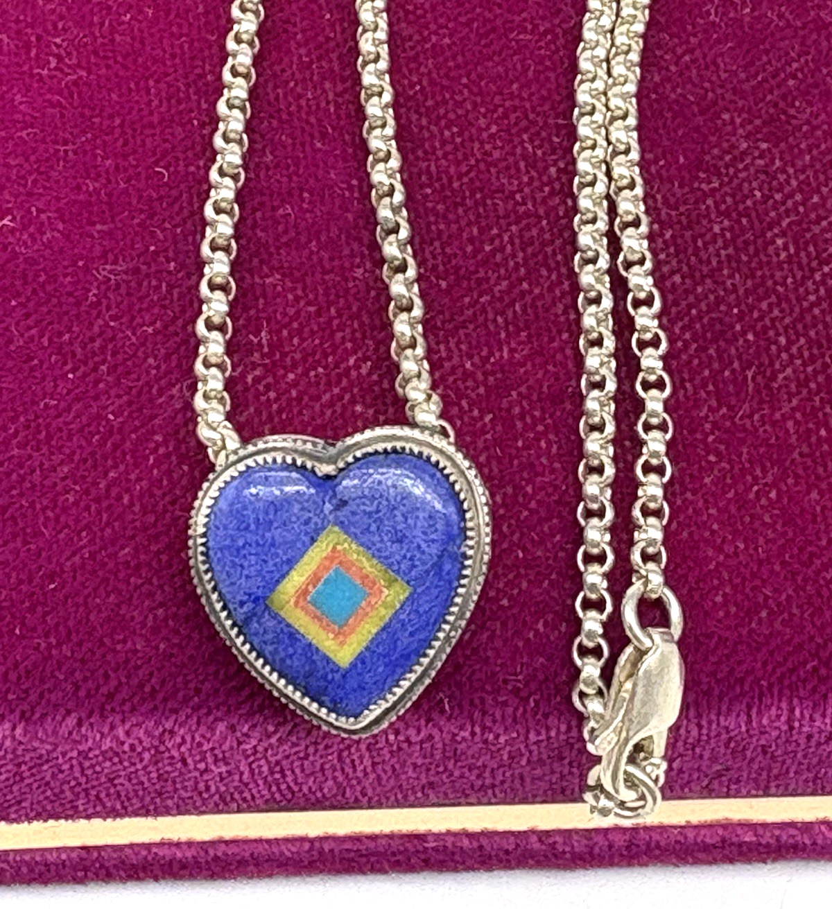 Aldrich Art Jewelry Necklace Blue Purple Heart Inlay Sterling Silver Vintage 18″
