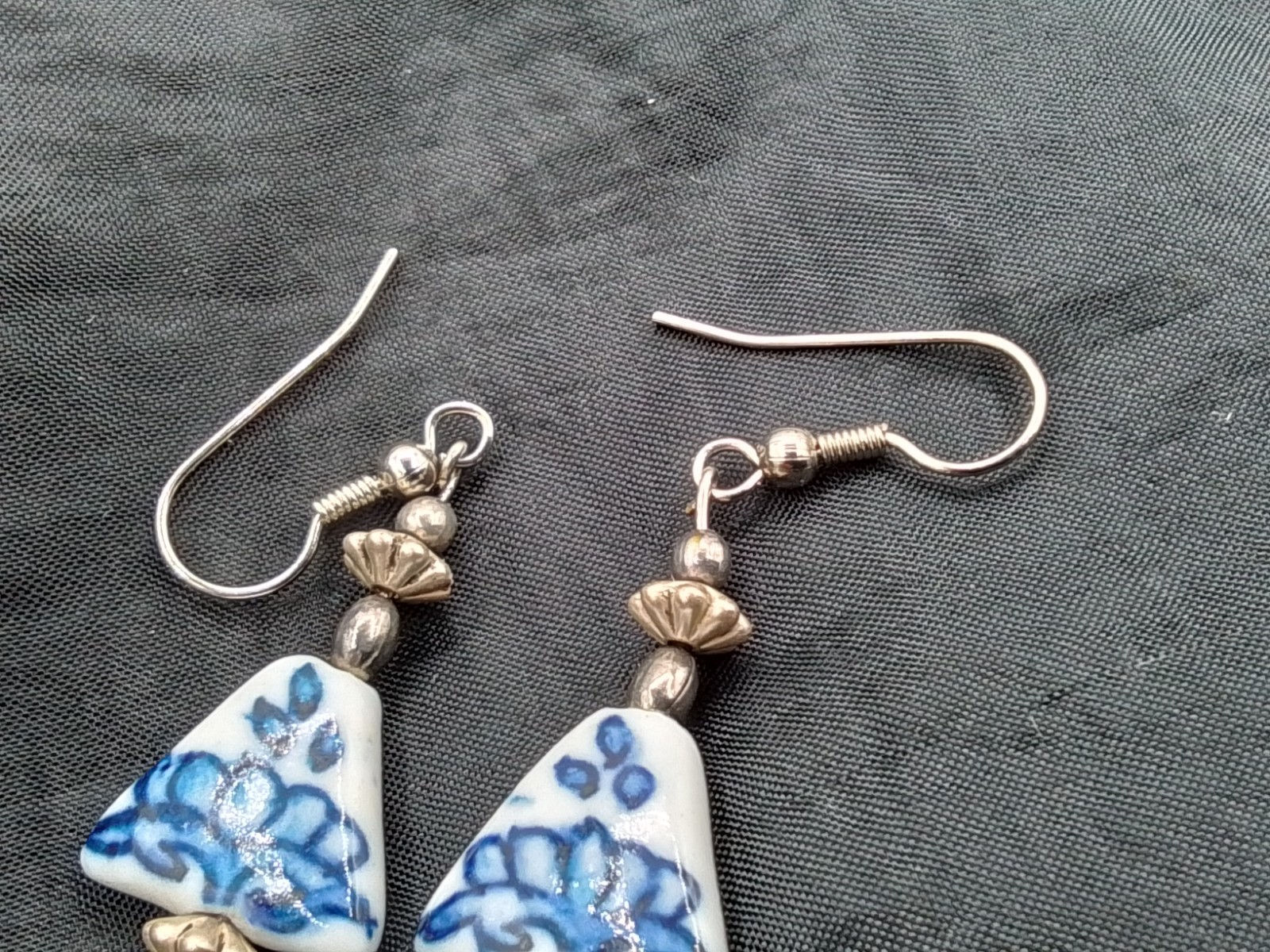 TRIANGLE DELFT STYLE VINTAGE ESTATE PIERCED EARRINGS DANGLE FRENCH HOOK WIRE