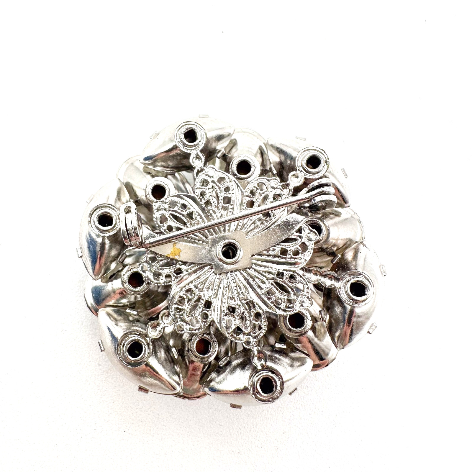 Vintage Brooch AB Icy Blue Molded Stones Silver Tone Tiered Rivet Unsigned 1.5″D
