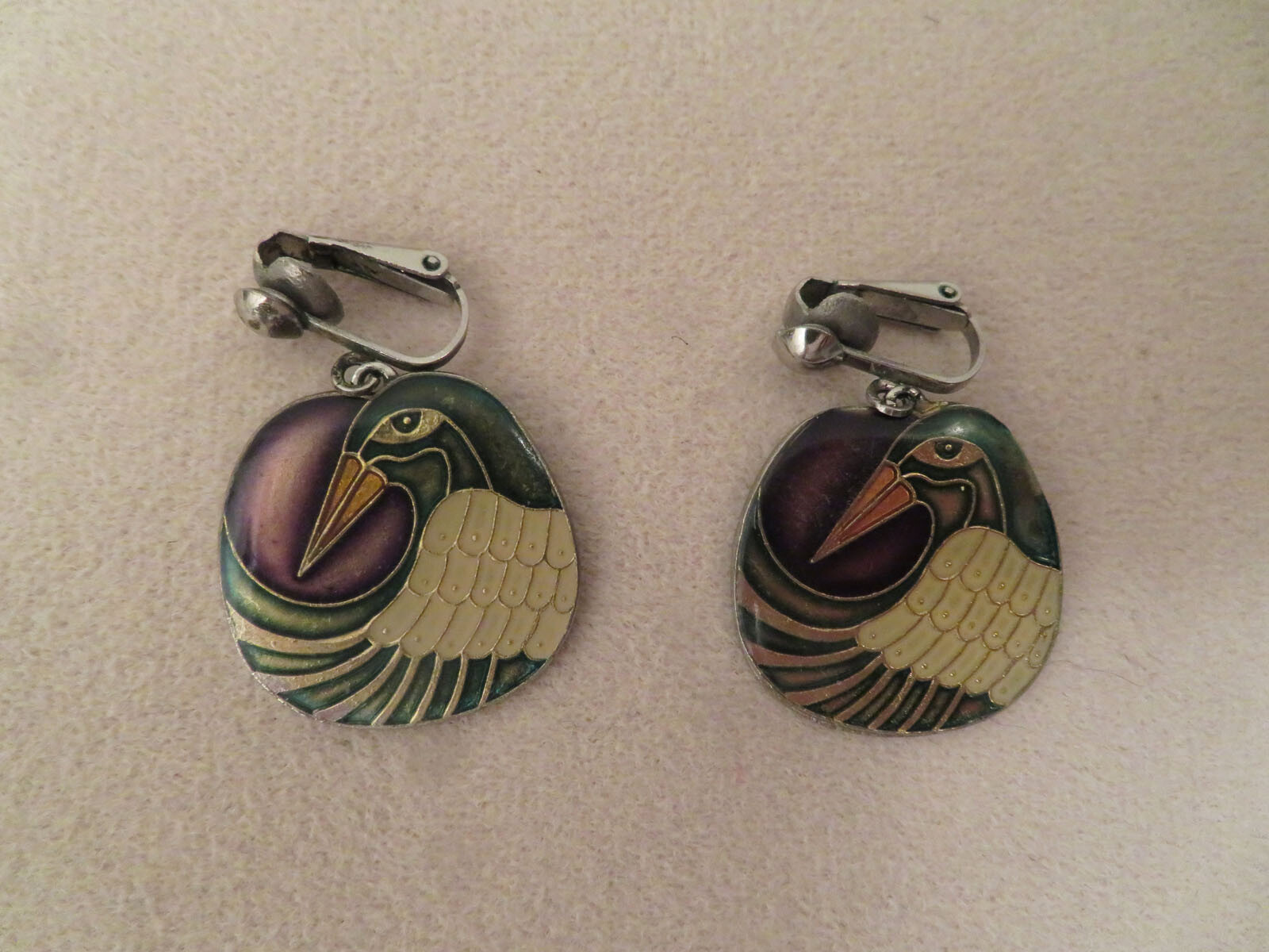 Vintage Stylized Enamel Bird Clip on Earrings Purple Green Cream