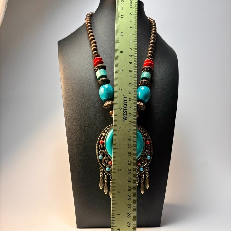 Chunky Vintage Necklace Wood Beads Boho Chunky Blue Resin Pendant