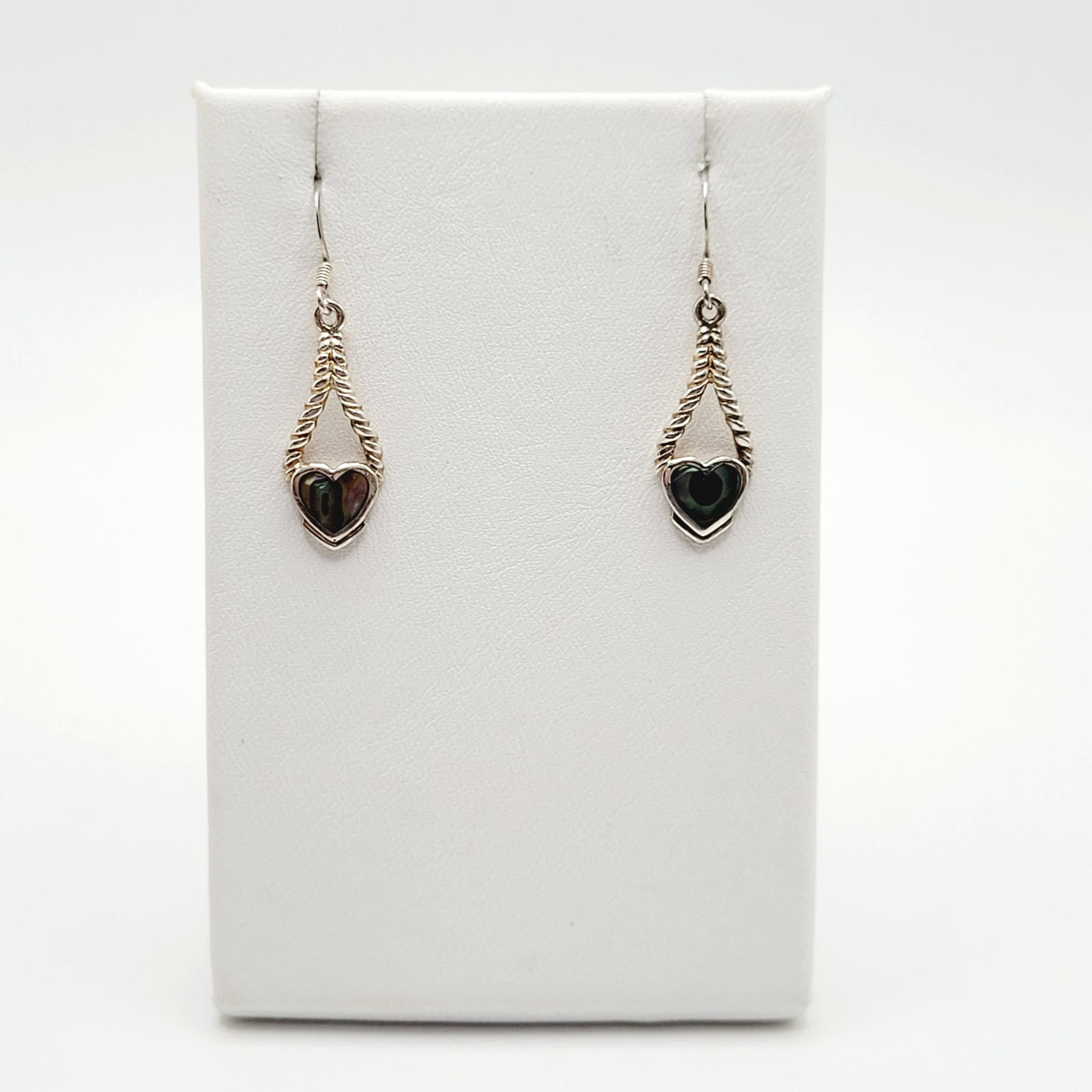 Heart Twisted Open Metal Paua Shell Inlay Sterling 925 MC Hook Pierced Earrings